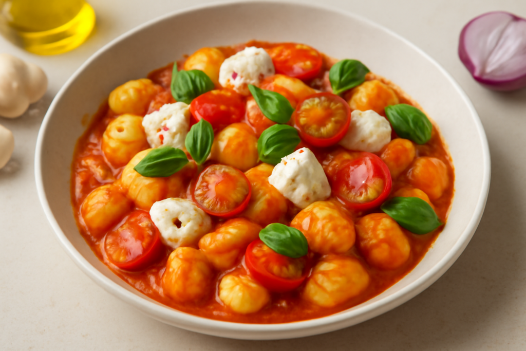 Szybki obiad bez mięsa: gnocchi z pomidorami i mozzarellą w 25 minut — ilustracja