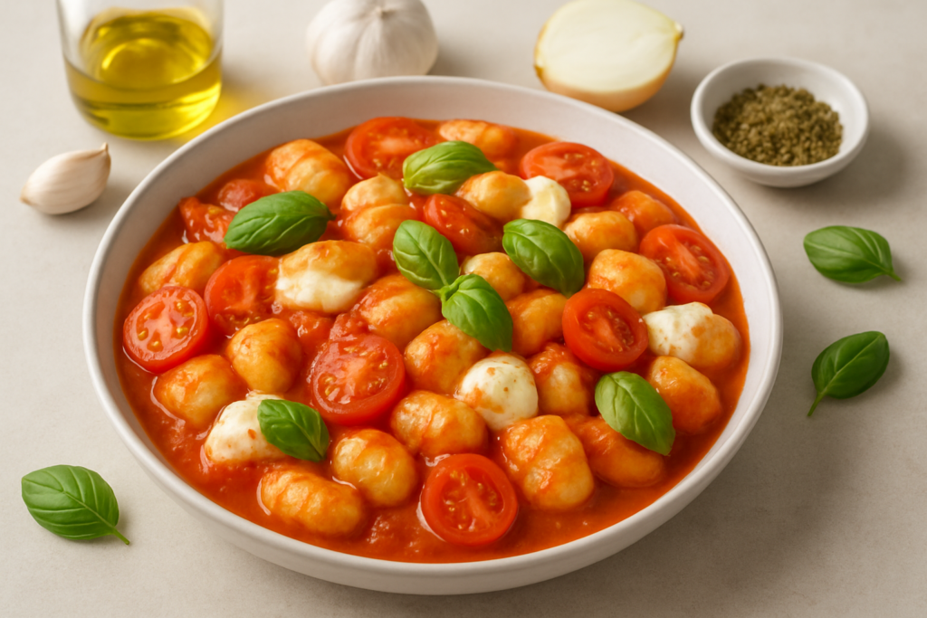 Szybki obiad bez mięsa: gnocchi z pomidorami i mozzarellą w 25 minut