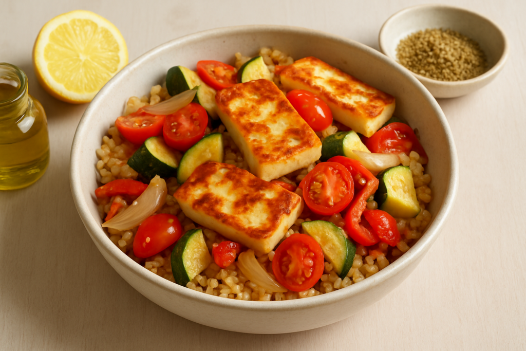 Szybki obiad bez mięsa: kasza bulgur z warzywami i halloumi w 25 minut