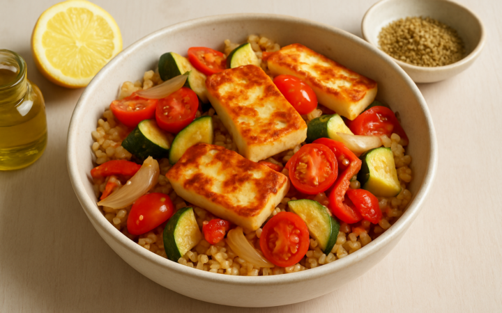 Szybki obiad bez mięsa: kasza bulgur z warzywami i halloumi w 25 minut