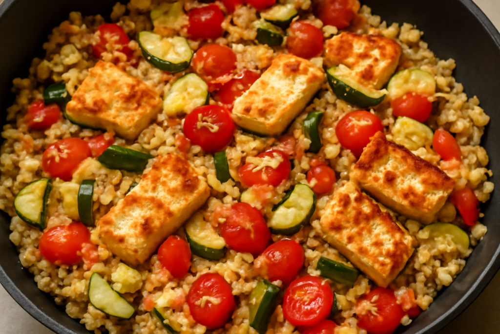 Szybki obiad bez mięsa: kasza bulgur z warzywami i halloumi w 25 minut — ilustracja