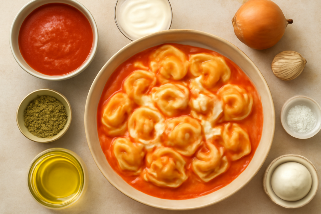 Tortellini w sosie pomidorowym – szybki obiad z jednej patelni — ilustracja